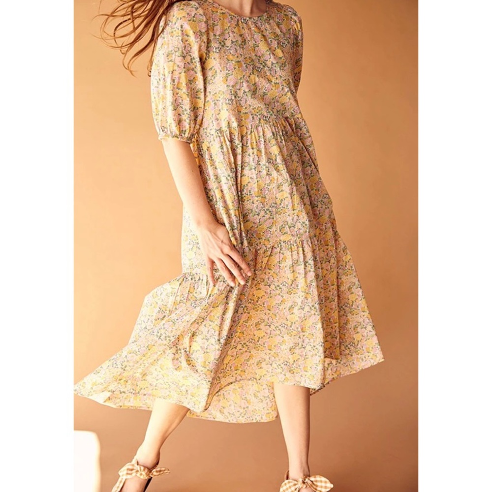 Floral Midi Dress in Cream and Yellow